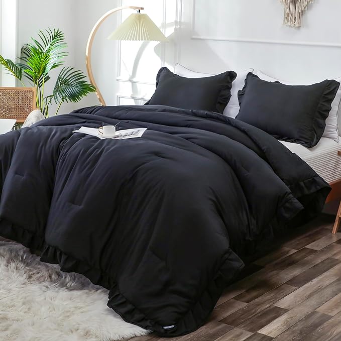 Black Double Ruffle Comforter Set Full Size (79x90 Inch), 3 Pcs Farmhouse Vintage Comforter Set (1 Ruffled Comforter and 2 Pillowcase), Rustic All Season Down Alternative Bedding Set - LeafyLoom