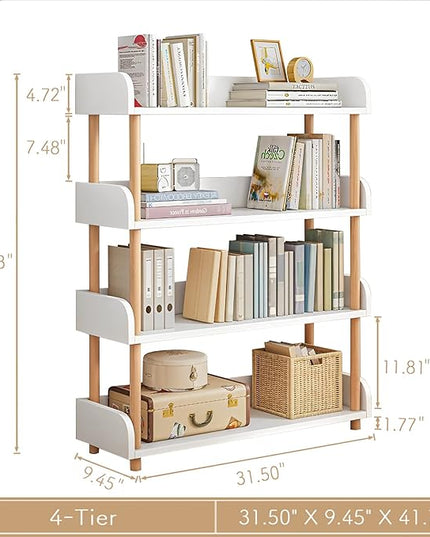 4-Tier Wooden Open Bookcase - Modern Display Bookshelf with Side Panels and Solid Wood Frame for Home and Office, Storage Cabinet, Warm White - LeafyLoom