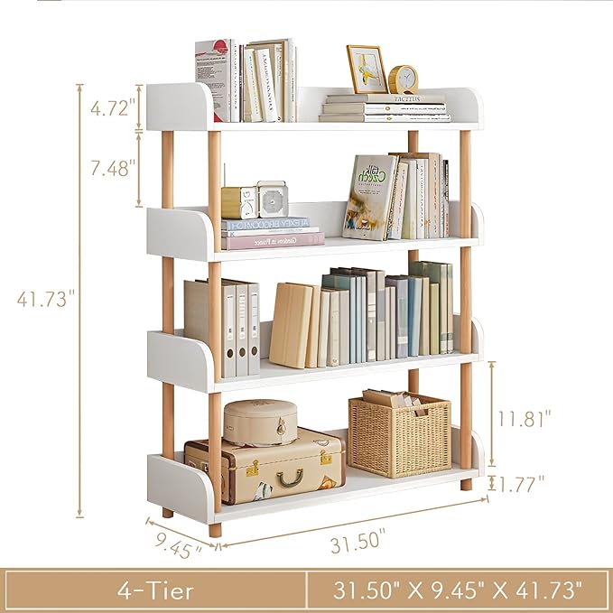 4-Tier Wooden Open Bookcase - Modern Display Bookshelf with Side Panels and Solid Wood Frame for Home and Office, Storage Cabinet, Warm White - LeafyLoom