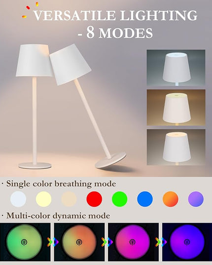 2-Pack RGB Cordless Table Lamp,RGB 8 Modes & Touch Control Rechargeable Battery Desk Lamp, IP54 Waterproof outdoor table lamp for Bedroom/Outdoor/Restaurant/Camping/Bars(White) - LeafyLoom