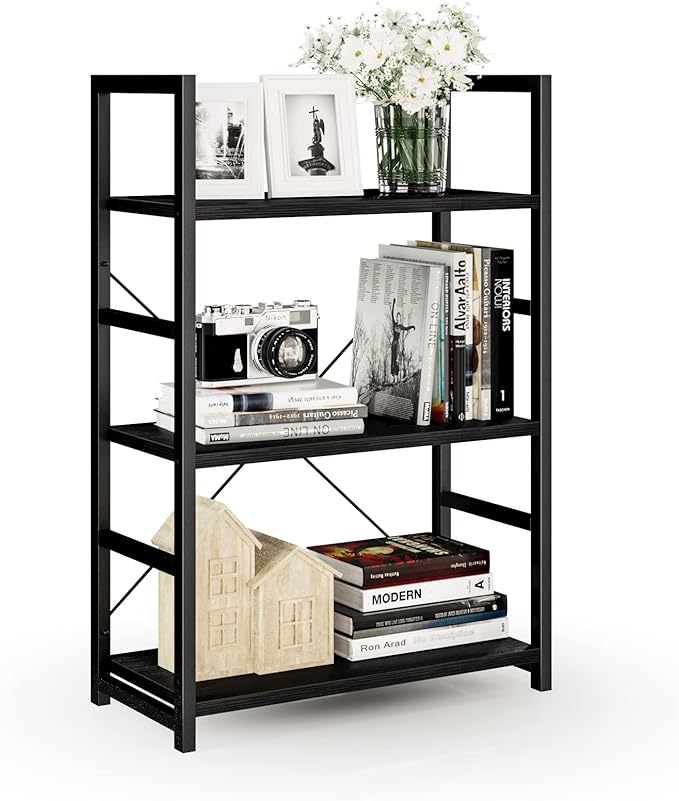 NUMENN 3 Tier Bookshelf, Bookcase Shelf Storage Organizer, Modern Book Shelf for Bedroom, Living Room and Home Office, Black - LeafyLoom