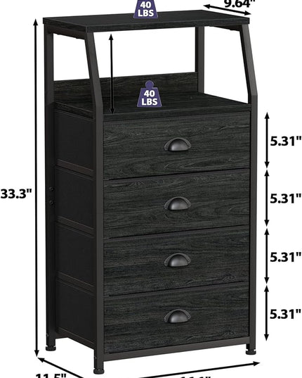 Furnulem Tall 4 Drawers Dresser, Vertical Storage Tower Black Dresser for Bedroom, Hallway, Entryway, Nursery, Closet Organizer, Nightstand Bedside Table Furniture, Sturdy Steel Frame, Wood Top - LeafyLoom