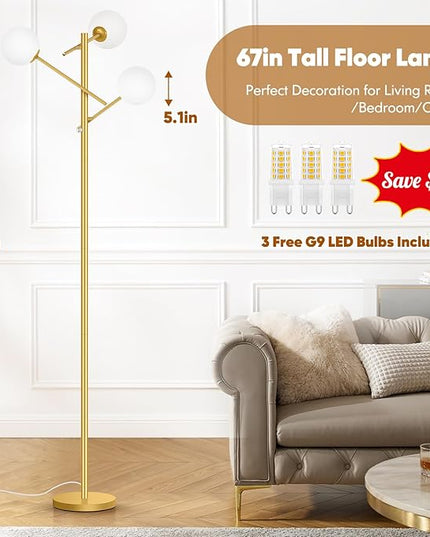 Dimmable Floor Lamp for Living Room, 67” Gold Standing Lamp with 3 Globe Glass Shade, Modern Tall Lamp, Adjustable 3-Light Tree Pole Lamp, Brass Corner Lamp for Bedroom Office Hotel, 3 Bulbs Included - LeafyLoom