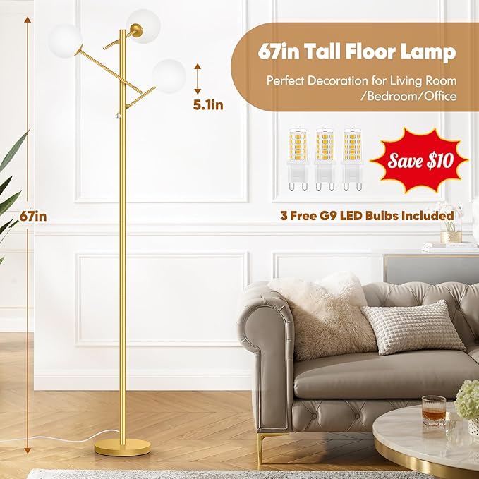 Dimmable Floor Lamp for Living Room, 67” Gold Standing Lamp with 3 Globe Glass Shade, Modern Tall Lamp, Adjustable 3-Light Tree Pole Lamp, Brass Corner Lamp for Bedroom Office Hotel, 3 Bulbs Included - LeafyLoom