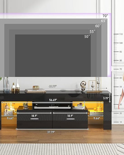HOUAGI LED TV Stand for 50/55/60/65/70 Inch TVs,Modern Entertainment Center with Storage Drawer and Glass shelf, TV Console Table for Living room,Bedroom,Black - LeafyLoom