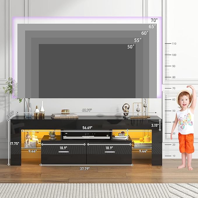 HOUAGI LED TV Stand for 50/55/60/65/70 Inch TVs,Modern Entertainment Center with Storage Drawer and Glass shelf, TV Console Table for Living room,Bedroom,Black - LeafyLoom