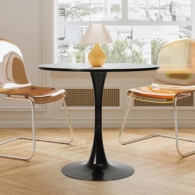 FurnitureR 31.5" Mid-Century Round Dining Table for 2-4 People with Pedestal Base for Home Office Living Room Kitchen Leisure, 31.5 inches, Black - LeafyLoom