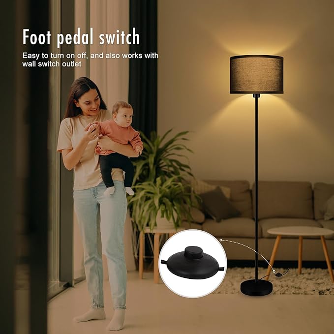 Black Floor Lamps for Living Room Bedroom, Bright Modern Standing Lamp with 3 Color Temperatures(9W Bulb), Black Lamp Shade, 59" Tall, Footswitch, Simple Reading Floor Lamps Corner Lamp for Office/Den - LeafyLoom