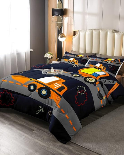 Kids Equipment Trucks Comforter Boys Excavators Bedding Set Construction Site Vehicle Car Decor Comforter Set Tractor Orange Black Grey QuiltCollection 3Pcs Full Size Boys - LeafyLoom
