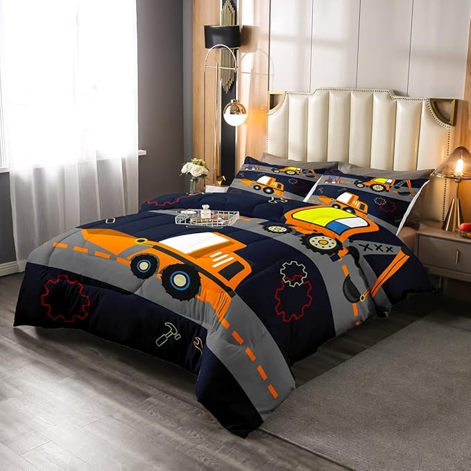 Kids Equipment Trucks Comforter Boys Excavators Bedding Set Construction Site Vehicle Car Decor Comforter Set Tractor Orange Black Grey QuiltCollection 3Pcs Full Size Boys - LeafyLoom