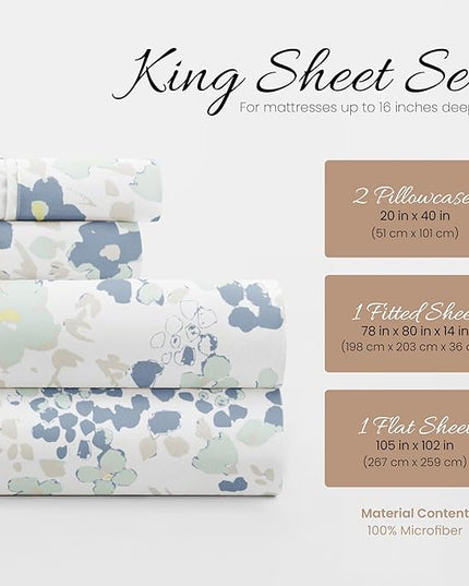 Linen Market 4 Piece King Bedding Sheet Set (Light Blue Violets) - Sleep Better Than Ever with These Ultra-Soft & Cooling Bed Sheets for Your King Size Bed - Deep Pocket Fits 16" Mattress - LeafyLoom