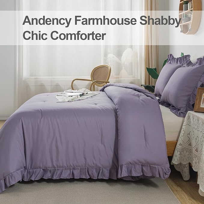 Andency Grayish Purple Comforter Set Full Size, 3 Pieces Lightweight Soft Rustic Ruffle Comforter Women Man, Solid Farmhouse Shabby Chic Microfiber Bedding Comforter Sets for All Season - LeafyLoom