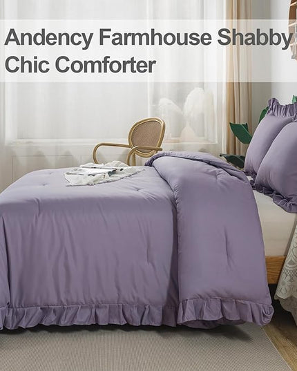 Andency Grayish Purple Ruffle Comforter King, 3 Pieces Solid Farmhouse Shabby Chic Comforter, Lightweight Soft Microfiber Vintage Rustic Bedding Sets All Season (104x90Inch Comforter) - LeafyLoom