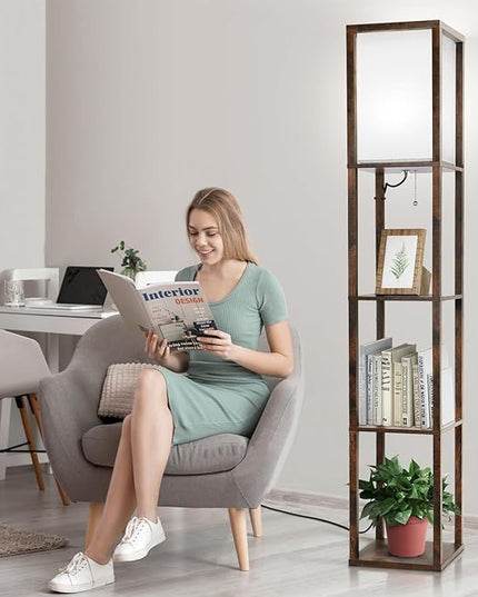 LED Floor Lamp with Shelves, Shelves Floor Lamp for Living Room Bedroom, 4-Tier Modern Shelf Floor Lamp with White Fabric Shape, 3 Color Temperature LED Blub(Brown). - LeafyLoom