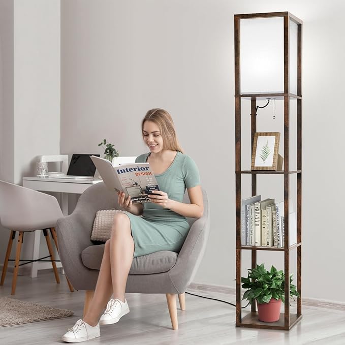 LED Floor Lamp with Shelves, Shelves Floor Lamp for Living Room Bedroom, 4-Tier Modern Shelf Floor Lamp with White Fabric Shape, 3 Color Temperature LED Blub(Brown). - LeafyLoom