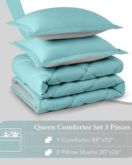 downluxe Queen Comforter Set - Turquoise and Grey Queen Comforter, Soft Bedding Sets for All Seasons -3 Pieces - 1 Comforter (88"x92") and 2 Pillow Shams(20"x26") - LeafyLoom
