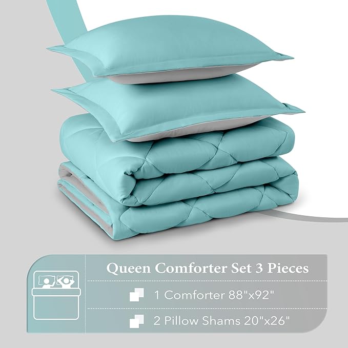 downluxe Queen Comforter Set - Turquoise and Grey Queen Comforter, Soft Bedding Sets for All Seasons -3 Pieces - 1 Comforter (88"x92") and 2 Pillow Shams(20"x26") - LeafyLoom