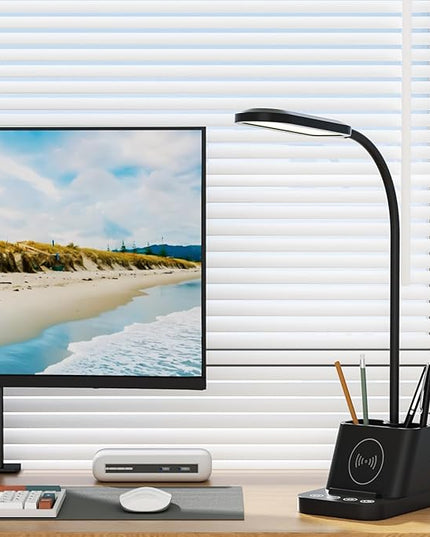 College Dorm Room Essentials Desk Lamp for Girls/Guys/Teens, Small Desk Lights with Wireless Charger, LED Black Reading Lamps for Home Office, Pen Holder, Kids Study Lamp with Storage - LeafyLoom