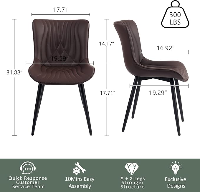 YOUTASTE Brown Dining Chairs Set of 2 Upholstered Mid Century Modern Kitchen&Dining Room Chairs Armless Faux Leather Accent Chairs Vanity Lounge Side Chair with Back for Waiting Room Bedrooms - LeafyLoom