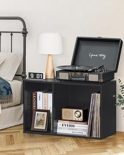 YAHARBO 2 Cube Bookshelf, Black Record Player Stand with Vinyl Storage Up to 100 Albums, Horizontal Book Shelf, Small Cubby Bookcase with Storage Organizer, Turntable Stand for Living Room, Bedroom - LeafyLoom
