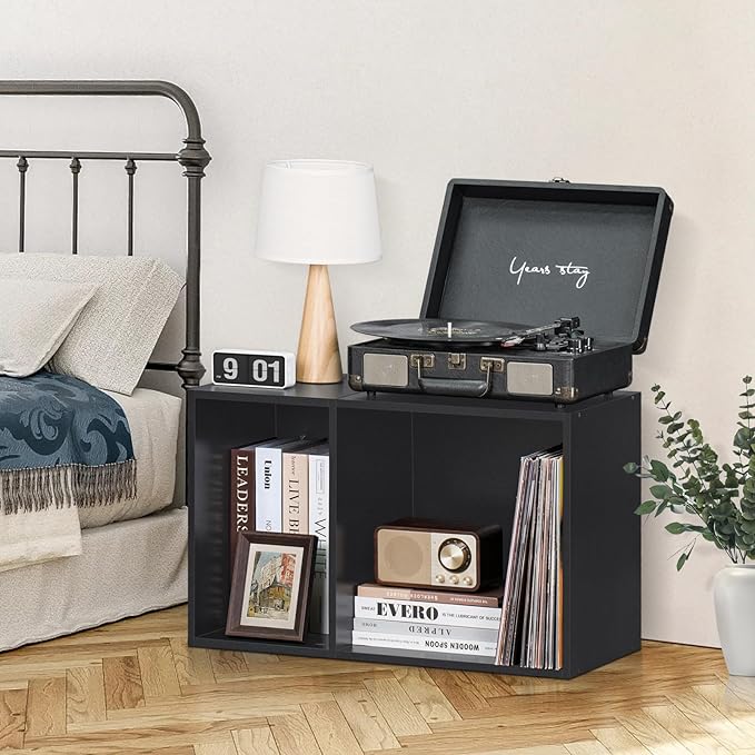 YAHARBO 2 Cube Bookshelf, Black Record Player Stand with Vinyl Storage Up to 100 Albums, Horizontal Book Shelf, Small Cubby Bookcase with Storage Organizer, Turntable Stand for Living Room, Bedroom - LeafyLoom