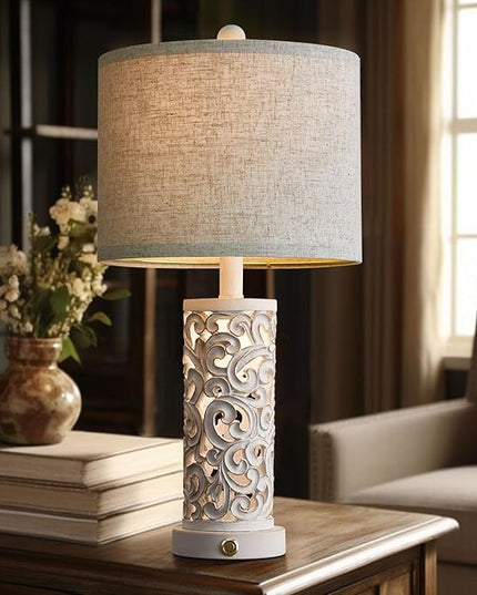OYEARS 3-Way Dimmable 22'' Table Lamp Set of 2 for Living Room Bedroom Farmhouse Vintage Retro Bedside Lamps Touch Control with USB Ports Linen Shade for Home Office (Wash White, Bulb Included) - LeafyLoom