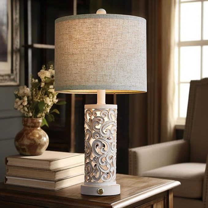 OYEARS 3-Way Dimmable 22'' Table Lamp Set of 2 for Living Room Bedroom Farmhouse Vintage Retro Bedside Lamps Touch Control with USB Ports Linen Shade for Home Office (Wash White, Bulb Included) - LeafyLoom