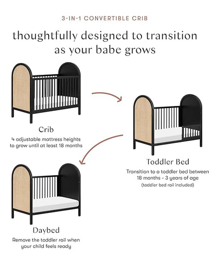 babyletto Bondi Cane 3-in-1 Convertible Crib with Toddler Bed Conversion Kit in Black with Natural Cane, Greenguard Gold Certified - LeafyLoom
