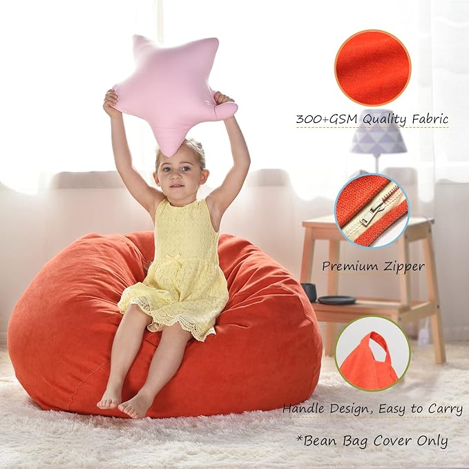 YuppieLife Kids Storage Bean Bag Cover（No Filling） Toy Organizer|Carrying Handle Sofa|Available for Kids and Teenager|Cuddle Chair|Machine Washable and Durable（27'',OrangeRed） - LeafyLoom