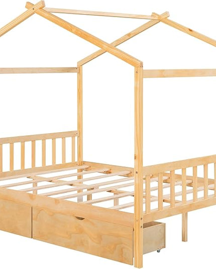 Full Bed Frame with Headboard and Footboard, Low House Bed/Full Bed Frame with Storage Drawer, Wood Bed Frame for Kids, Girls, Boys, Teens, Full Bed Frame Natural - LeafyLoom