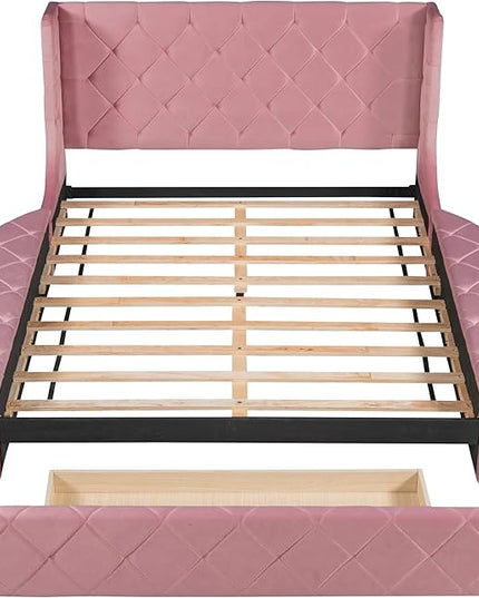 Queen Size Velvet Upholstered Platform Bed with Wingback Headboard, Spacious Drawer, and Convenient Side Storage Stools, Comfort Platform Bed Frame for Home Bedroom, Pink - LeafyLoom