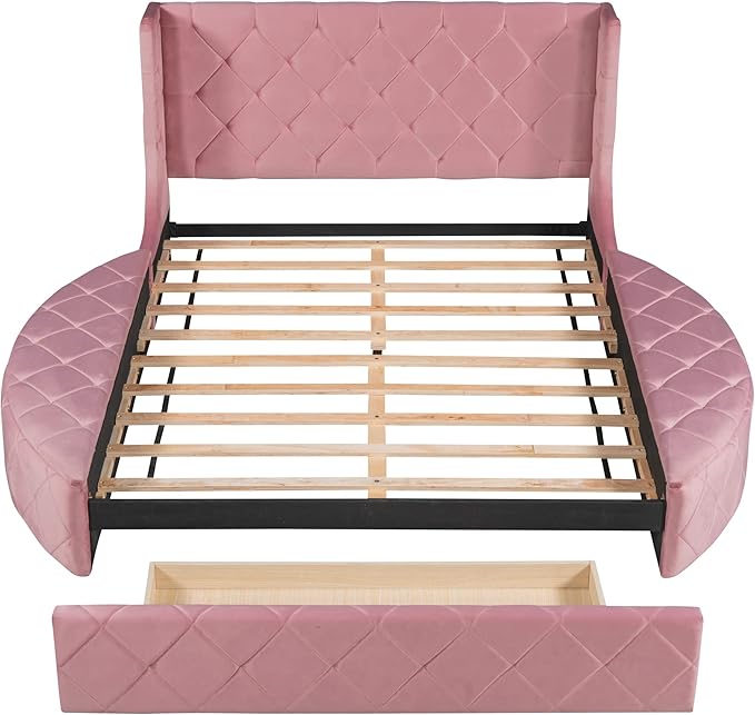 Queen Size Velvet Upholstered Platform Bed with Wingback Headboard, Spacious Drawer, and Convenient Side Storage Stools, Comfort Platform Bed Frame for Home Bedroom, Pink - LeafyLoom