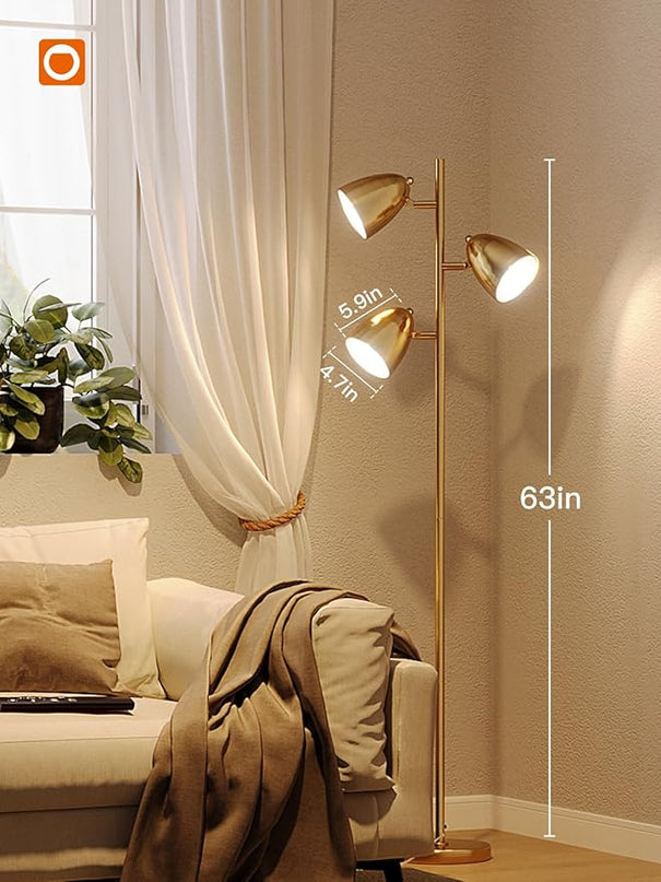 addlon Tree Floor Lamp with remote, 3 Adjustable Rotating Light and Matching LED Bulbs, Standing Tall Pole Lamps for Living Room, Bedroom, Home, Office - Gold - LeafyLoom