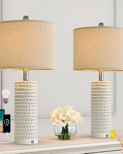 PORTRES 24" Farmhouse 3-Way Dimmable Touch Ceramic Table Lamp Set of 2 for Bedroom White Bedside Lamps with USB A+C Charging Ports for Living room Nightstand Lamp End Table lamps - LeafyLoom