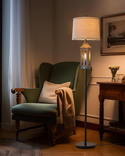 63" Floor Lamps for Living Room Bedside Nightstand Lamp Black Tall Standing Lamp for Home Decor Bedroom Reading Lamp Farmhouse Rustic Bed Lights with 2 Light Sources - LeafyLoom