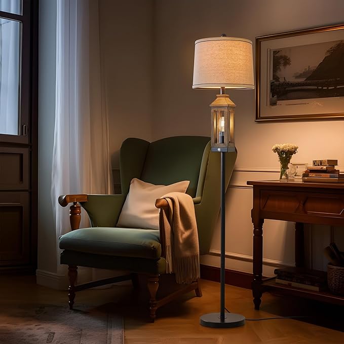 63" Floor Lamps for Living Room Bedside Nightstand Lamp Black Tall Standing Lamp for Home Decor Bedroom Reading Lamp Farmhouse Rustic Bed Lights with 2 Light Sources - LeafyLoom