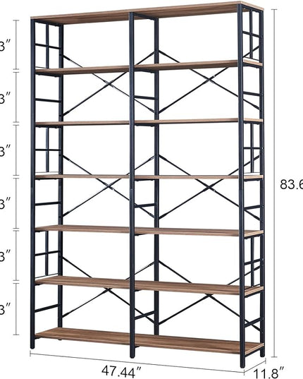 HOMISSUE Tall Bookshelf, 84" Bookshelves and Bookcases Double Wide 7-Tier Bookshelf, Tall Bookcase Wood Style and Metal Open Display Shelves for Living Room Home Office, Rustic Brown - LeafyLoom