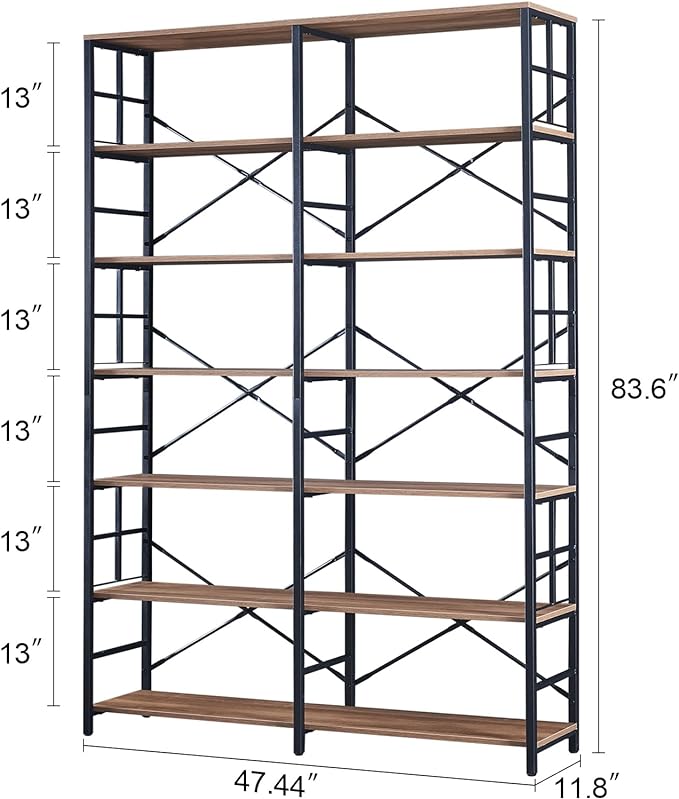 HOMISSUE Tall Bookshelf, 84" Bookshelves and Bookcases Double Wide 7-Tier Bookshelf, Tall Bookcase Wood Style and Metal Open Display Shelves for Living Room Home Office, Rustic Brown - LeafyLoom