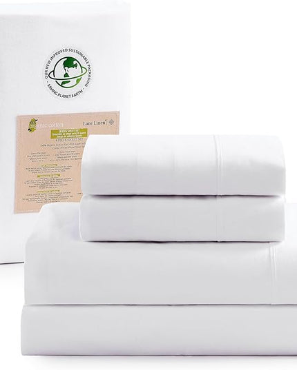 LANE LINEN 100% Organic Cotton Full Size Bed Sheets, Super Soft Long Staple Cotton Bed Sheets Full Size, Percale Weave Bedding Sheets and Pillowcases - White Full Sheet Set Fits 15" Deep Mattress - LeafyLoom