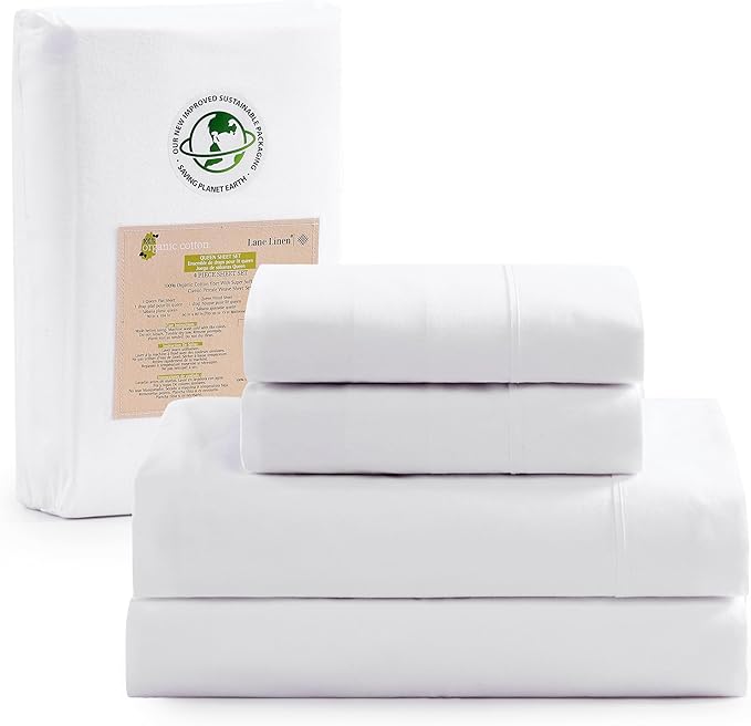 LANE LINEN 100% Organic Cotton Twin Sheets Set, 3Pc Twin Bed Sheets, Breathable Cotton Sheets Twin size Bed Set, Dorm Room Essentials with 15" Twin Deep Pocket Fitted Sheet - White Sheets - LeafyLoom