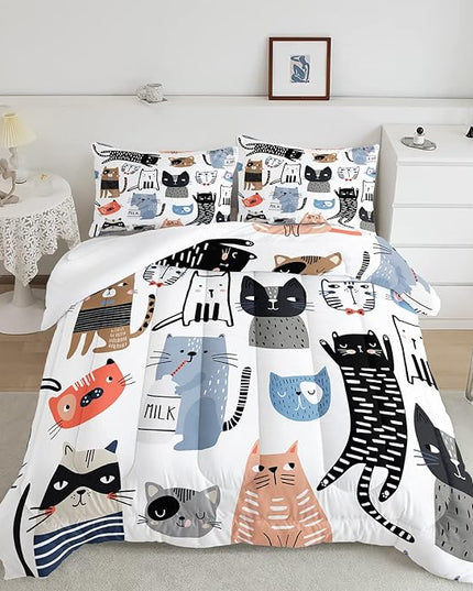 CVHOUSE Cat Bedding,Cartoon Cat Comforter Twin,Animals Print Comforter Set for Kids,Kawaii Quilt Set with 1 Comforter and 2 Pillow Cases - LeafyLoom