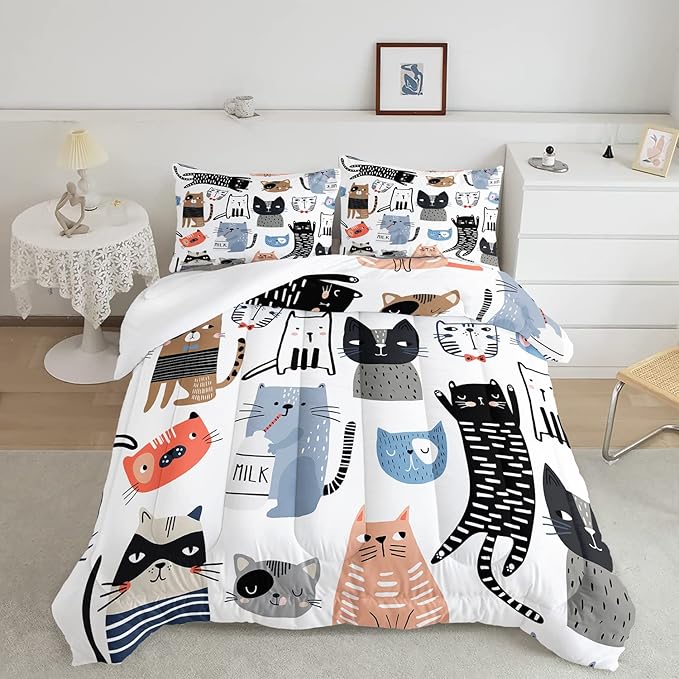 CVHOUSE Cat Bedding,Cartoon Cat Comforter Queen,Animals Print Comforter Set for Kids,Kawaii Quilt Set with 1 Comforter and 2 Pillow Cases - LeafyLoom