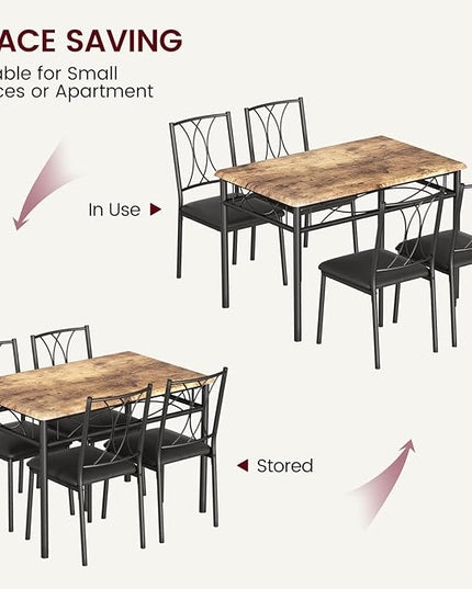 Dining Table Set, 5 Piece Dining Table set for 4, Rectangle Kitchen Table Set with 4 Upholstered Chairs, Dining Table Set for Small Space, Apartment, Retro Brown - LeafyLoom