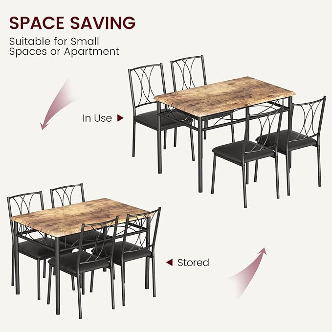 Dining Table Set, 5 Piece Dining Table set for 4, Rectangle Kitchen Table Set with 4 Upholstered Chairs, Dining Table Set for Small Space, Apartment, Retro Brown - LeafyLoom