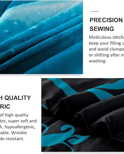 WONGS BEDDING Teal Blue Comforter Set Queen Reversible Teal Rose Pattern Printed Bedding Comforter Set with 2 Pillowcases for All Season, Soft Microfiber Filling Bedding Set 90"x90" - LeafyLoom