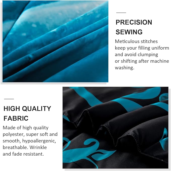 WONGS BEDDING Teal Blue Comforter Set King Reversible Teal Blue Rose Pattern Printed Bedding Comforter Set with 2 Pillowcases for All Season, Soft Microfiber Filling Bedding Set 103"x90" - LeafyLoom
