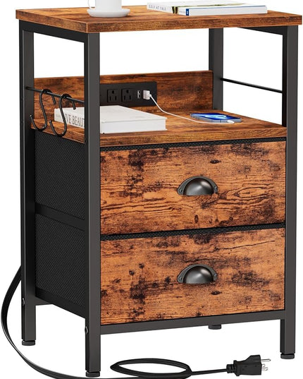 Furologee End Table with Charging Station, Nightstand with Fabric Drawers, Side Table with USB Ports & Outlets, Night Stand with Storage Shelf & Hooks, for Living Room/Bedroom, Rustic Brown - LeafyLoom