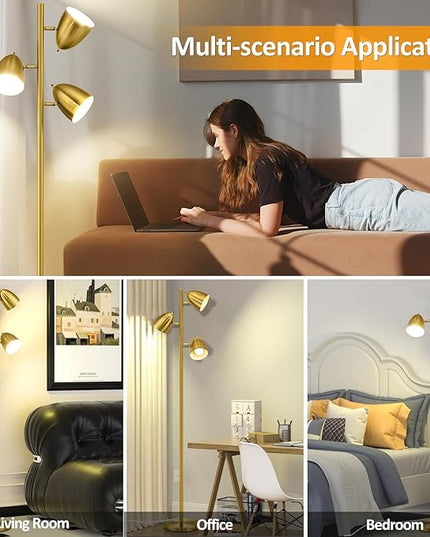 Tree Floor Lamp with 3 Light Bulbs Standing Tall Pole Lamps with Adjustable Metal Heads 65"Reading Stand up Lamps with E26 Base Modern Floor Lamps for Living Rooms, Bedrooms, Home, Office(Gold) - LeafyLoom
