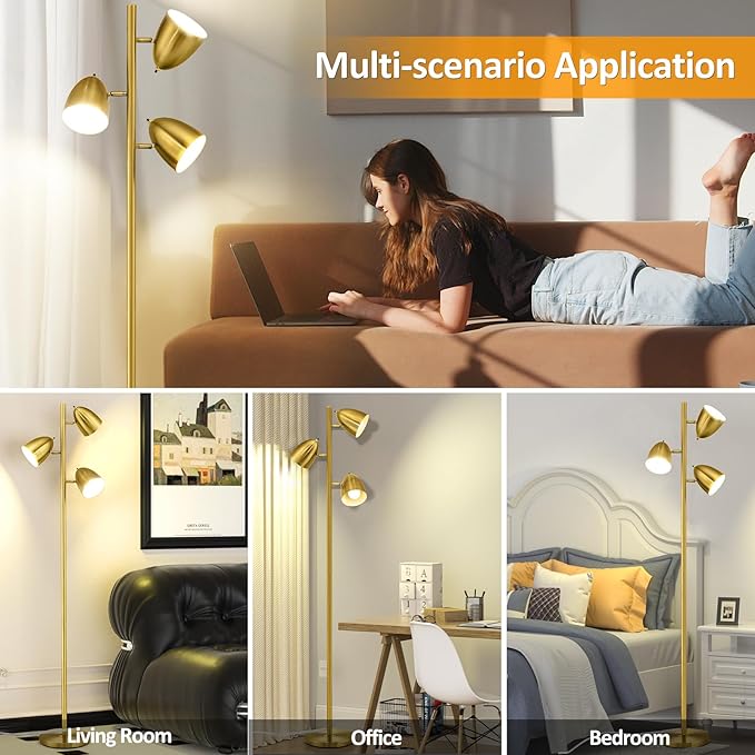 Tree Floor Lamp with 3 Light Bulbs Standing Tall Pole Lamps with Adjustable Metal Heads 65"Reading Stand up Lamps with E26 Base Modern Floor Lamps for Living Rooms, Bedrooms, Home, Office(Gold) - LeafyLoom