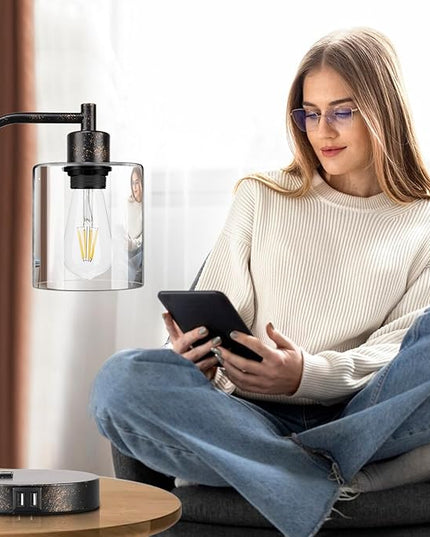 Industrial Touch Table Lamps Set of 2 - Rustic Black Bedside Lamps with 2 USB Ports & AC Outlet, 3-Way Dimmable Nightstand Desk Lamp for Bedroom Living Room Farmhouse, Glass Shade & LED Bulbs Included - LeafyLoom